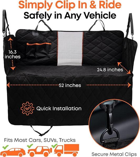 ASHLEY MADDEN Dog Car Seat Cover for Back Seat | 100% Waterproof Dog Car Hammock | Heavy Duty Nonslip Pet Seat Cover with Mesh Window & Storage | SUV | Truck | Flexible Bottom