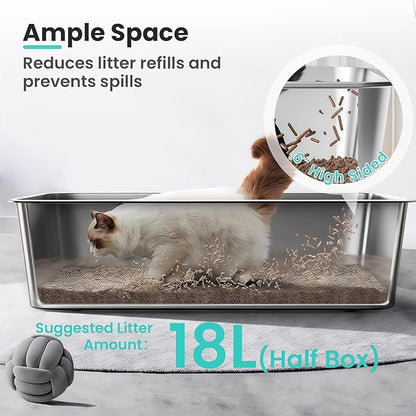 Extra Large Stainless Steel Cat Litter Box, 23.6”x15.8”x6” Metal Litter Box with High Sided for Small Big Cats, Odor Free Kitty Litter Tray, Non Sticky Indoor Litter Pan, XL