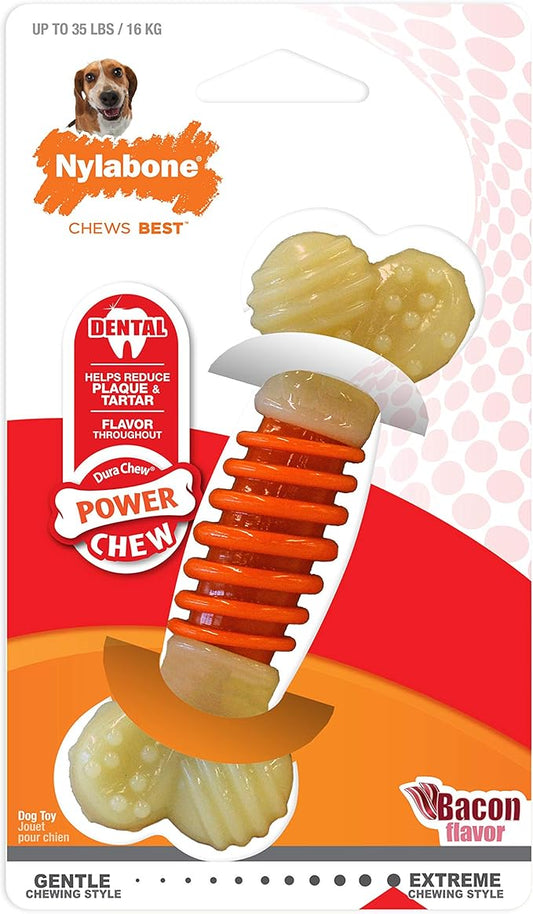 Nylabone PRO Action Dental Bone Power Chew Toy for Dogs, Dog Toys for Aggressive Chewers, Bacon Flavor, Medium - Up to 35 lbs, 1 Count