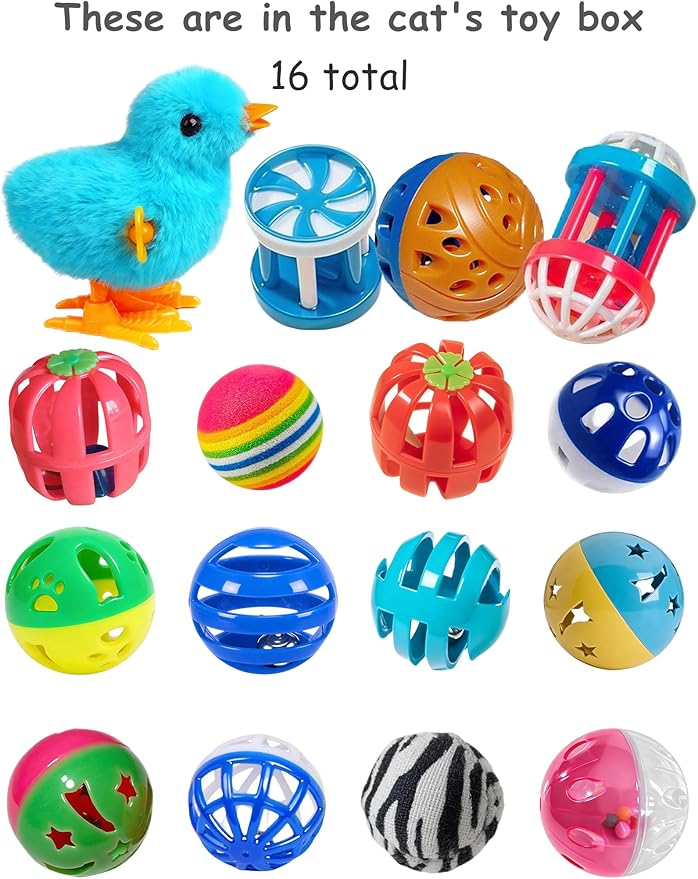 16 Pack Indoor Kitten Cat Toys Balls with PP Material, Plush Toys and Bell Balls for Cats and Breeds (1.5'' - 3.7'')