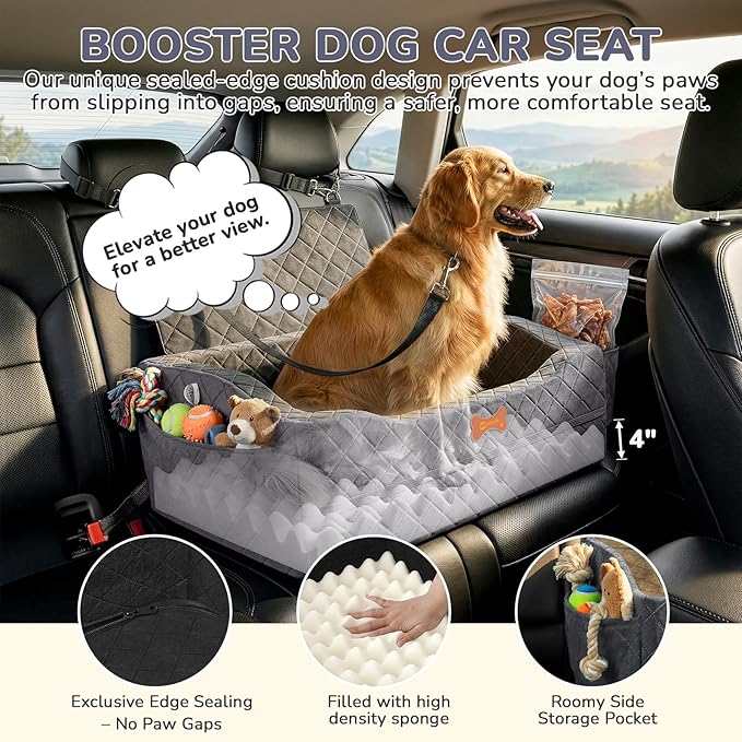 Dog Car Seat for Medium Large Dogs, 4" Elevated Booster Seat with ISOFIX Safety Fixation, Washable Cover & High Density Memory Foam, Portable for Car Front/Rear/Trunk Home Outdoor Use (Charcoal Gray)