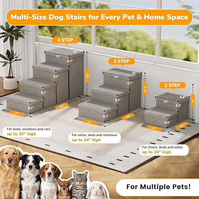 2-Step Wide Dog Stairs with Storage 11" H, Non-Slip Sturdy Pet Steps for Couch Chair, Dog Steps for Small/Medium Old Dogs, Cats, Rabbits Up to 150lbs, Foldable Cat Puppy Stairs for Car, Grey