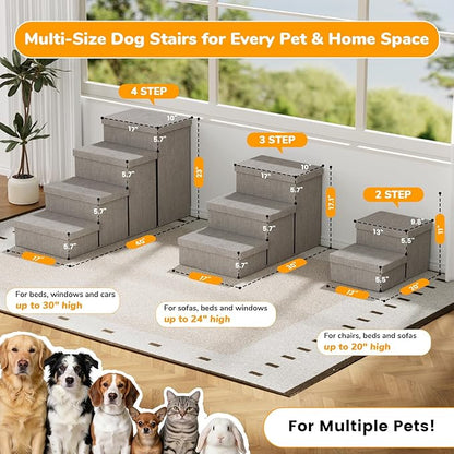 2-Step Wide Dog Stairs with Storage 11" H, Non-Slip Sturdy Pet Steps for Couch Chair, Dog Steps for Small/Medium Old Dogs, Cats, Rabbits Up to 150lbs, Foldable Cat Puppy Stairs for Car, Grey