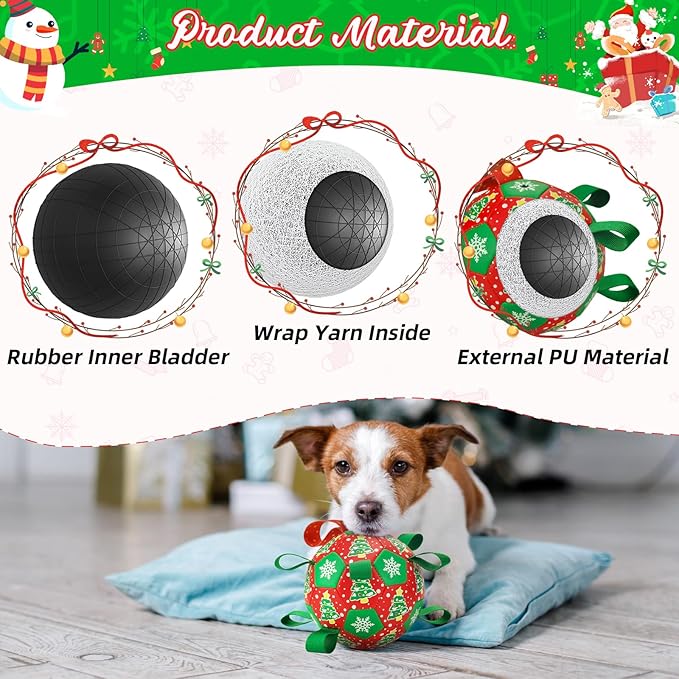 Christmas Soccer Ball Dog Toy With Straps for Interactive Play and Tug of War - Christmas Tree & Snowflower Pattern for Small, Medium, Big Dogs (6 Inches)