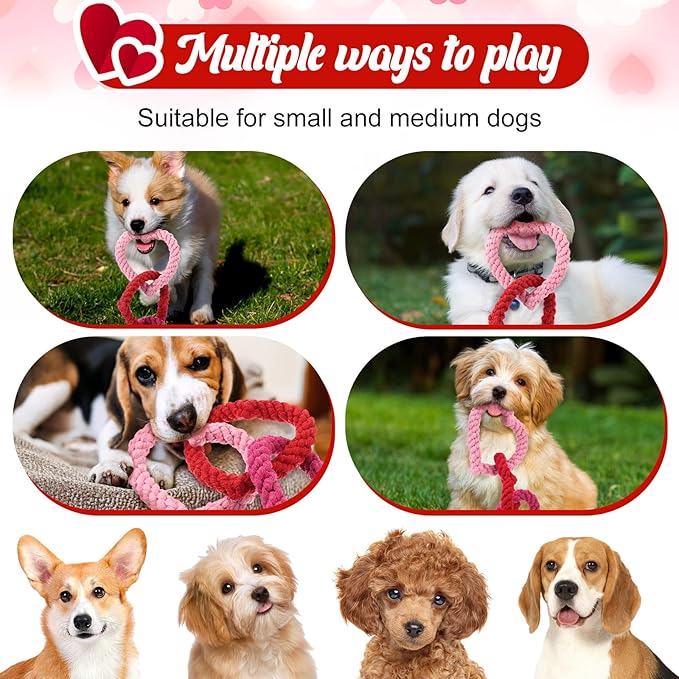 Leitee Valentine‘s Day Chew Toys Heart Interlocking Dog Rope Toy Heart Pet Chew Rope Puppy Throwing Toy Gifts Cotton Chewing Supplies for Small and Medium Dogs