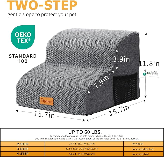 Topmart High Density Foam Pet Steps 2 Tiers,11.8" High,Non-Slip Dog Stairs,Soft Foam Dog Ramp Ladder,Best for Injured,Older Cats,Pets with Joint Pain,Suitable for Low Sofas,Stairs,Lower Place