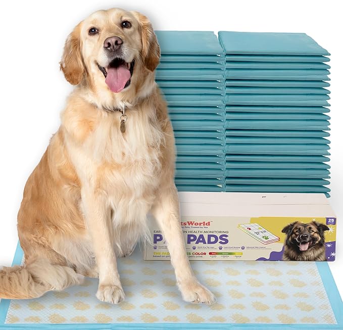 PetsWorld Health Monitoring Dog Pee Pads 37"x54" 25 Count – XXXL Color-Changing Pet Pee Pads for Dogs & Pets, Leak-Proof Super Absorbent Dog Training Pads with Odor Control