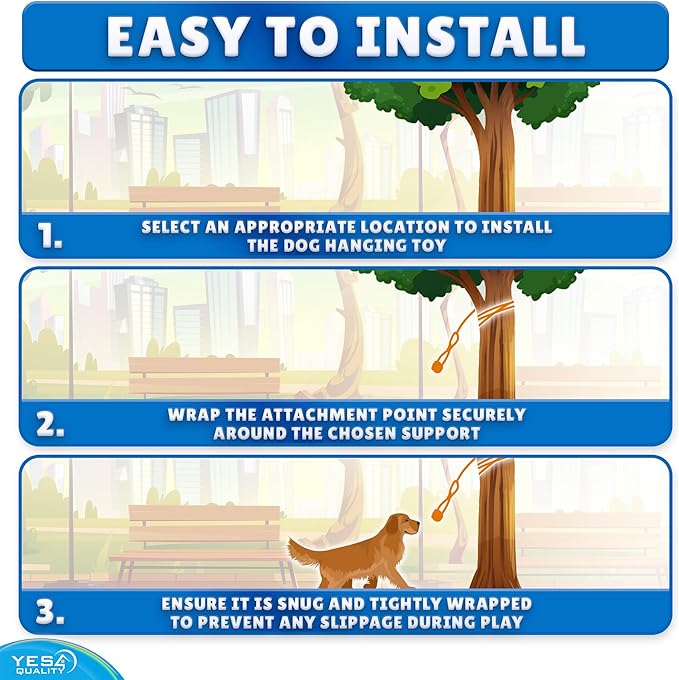 YES4QUALITY Dog Outdoor Bungee Hanging Toy, Blue Interactive Tree Tug Toy Rope w/Metal Spring Kit & 2 Rope Toys, Heavy-Duty Exercise Equipment for Medium & Large Dogs, Tether Tug of War Dog Toys