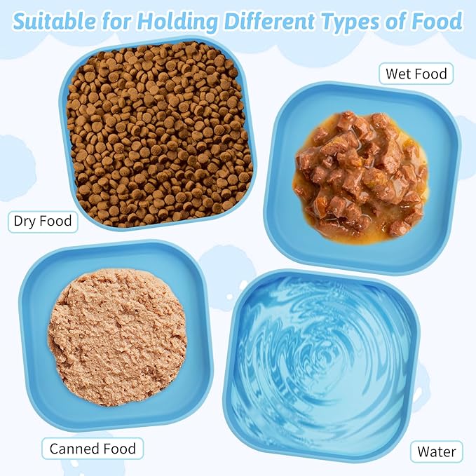 Fhiny 2PCS Silicone Cat Bowls Set 5.9 x 5.9 in Shallow Dog Dish Whisker Friendly Cat Food Plate for Dry & Wet Food Dishwasher Safe Non-Slip Pet Feeding Bowls for Kittens and Puppies (Blue)