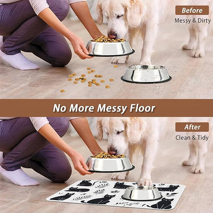 Cute Black Flower Dog Cat Food Mat,Absorbent Pet Feeding Mat with Rubber Backing,Non-Slip Water Bowl Placemat,Indoor Pet Accessories Supplies 12"x20"