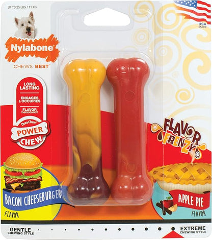 Nylabone Original Bone Power Chew Toy for Dogs, Durable Dog Toys for Aggressive Chewers, Flavor Frenzy Bacon Cheeseburger & Apple Pie Flavor, Small - Up to 25 Ibs, 2 Pack