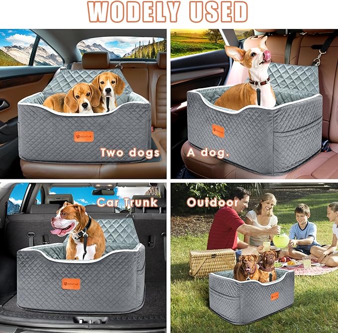 AlfaTok Memory Foam Booster Dog Car Seat for Medium Dogs Under 45 LBS, Elevated Pet Car Seat with Detachable Washable Cover, Anti-Slip Sturdy Dog Booster Seat with Seat Belt for Back Seat Travel