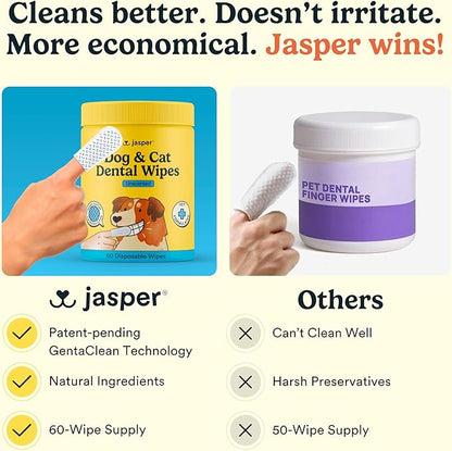 Jasper Dog Dental Wipes, Vet-Recommended All-Natural Finger Toothbrush Wipes for Dogs, Fresh Breath & Tartar Control in Seconds – No Brush and Toothpaste Needed, Coconut, 60 Count