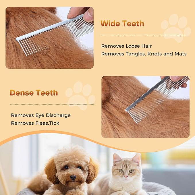 Pet Grooming Comb with Rounded Ends Stainless Steel Teeth for Dogs & Cats,Wide & Dense Teeth for Removing Tangles, Knots,Undercoat,Flea,Face,Chin,Tear Stain,Excess Hair,Metal Dematting Tool Pet Gift