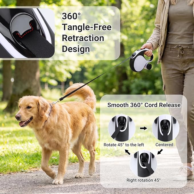 Segarty 16 Ft 360°Tangle-Free Leash with Detachable Poop Bag Holder, Retractable Lead for Dogs up to 66 lbs, 5m Long Walking Leash for Pets Outside with Anti-Slip Handle & One-Handed Brake Pause Lock