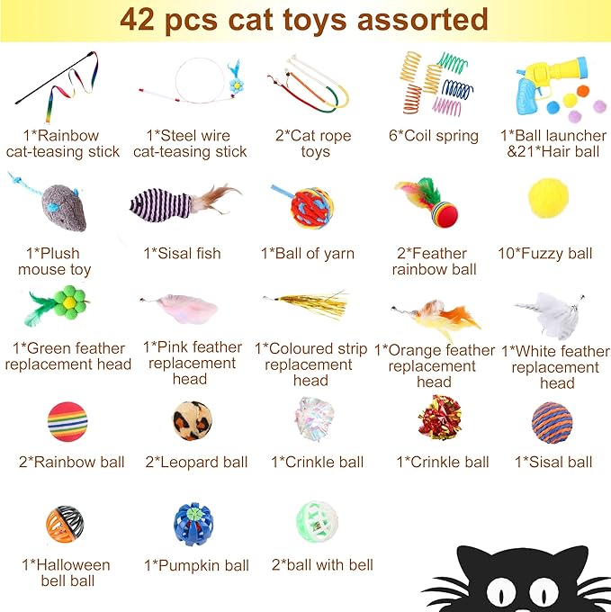42 Pcs Cat Toys, Interactive Kitten Toy for Indoor Cats, Variety Small Balls and Launcher, Feather and Teaser Wand Toy, Crinkle Balls Springs Mouse Toys for Cat, Puppy, Kitty