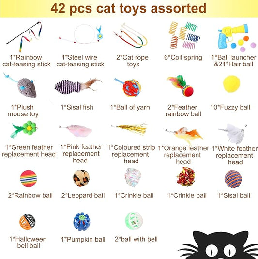 42 Pcs Cat Toys, Interactive Kitten Toy for Indoor Cats, Variety Small Balls and Launcher, Feather and Teaser Wand Toy, Crinkle Balls Springs Mouse Toys for Cat, Puppy, Kitty