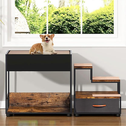 Dog Window Perch with Stairs, Indoor Dog Bunk Bed to Look Out Window, Pet Window Seat with Storage Drawer for Dogs and Cats, Vintage Wood Look