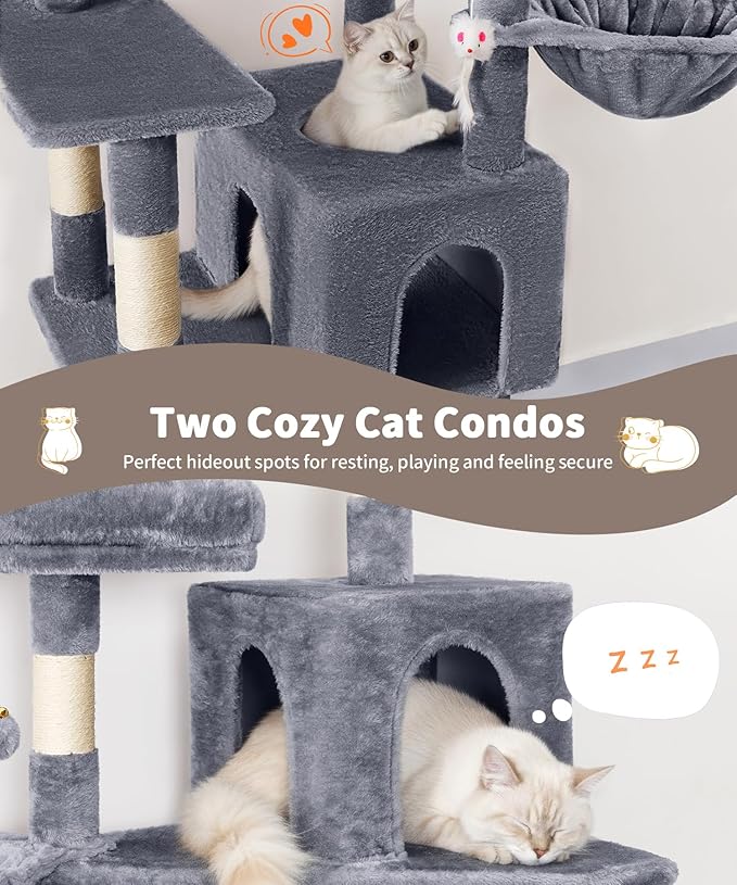 AMHANCIBLE Cat Tree, 70 Inch Cat Tower for Indoor Cats, Multi-Level Cat Tree with Scratching Post, Hammock, Hanging Basket, Large Cat Condos for Adult Cats Kittens, Grey, PT18GY