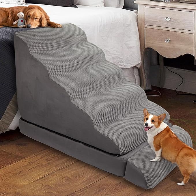 A.FATI 3-in-1 Dog Stairs for High Bed 30-36 Inches, 30D High Density Foam Pet Steps with, Non-Slip Dog Ramp for Small/Old/Short-Legged Dogs, Detachable Cover