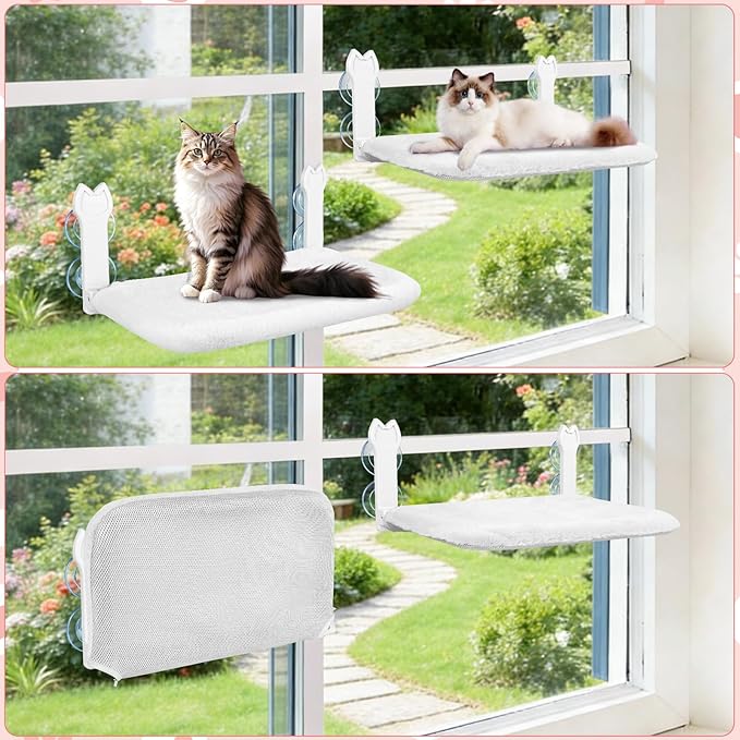 2 Pack Cat Window Perch,Cat Window Hammock Cordless Foldable Window Bed with 4 Large Strong Suction Cup,Reversible Cushion Cover,Metal Frame Easy to Adjust Window Seat Holds up to 40lbs(White