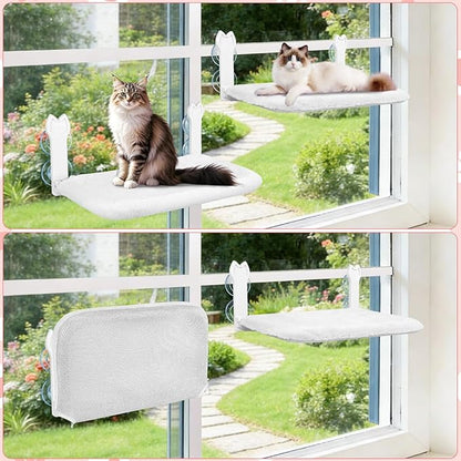 2 Pack Cat Window Perch,Cat Window Hammock Cordless Foldable Window Bed with 4 Large Strong Suction Cup,Reversible Cushion Cover,Metal Frame Easy to Adjust Window Seat Holds up to 40lbs(White