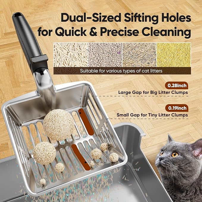 Metal Cat Litter Scoop, Large Cat Scooper with Deep Shovel & Dual Sifting Holes for Fast & Precise Sifting, Space Aluminum Kitty Litter Scooper with Long Handle & Easy-to-Hang Hook - Black