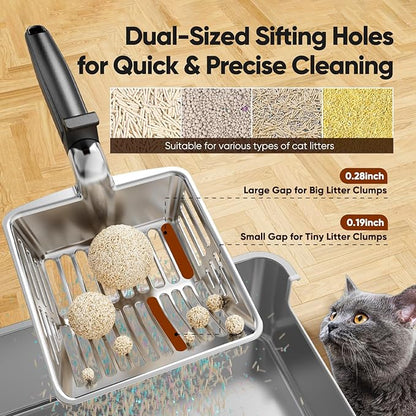 Metal Cat Litter Scoop, Large Cat Scooper with Deep Shovel & Dual Sifting Holes for Fast & Precise Sifting, Space Aluminum Kitty Litter Scooper with Long Handle & Easy-to-Hang Hook - Black