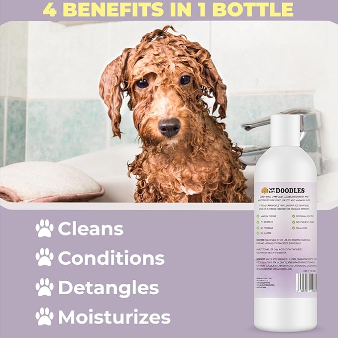 4-in-1 Dog Shampoo Dog Shampoo, Conditioner & Detangler - Best Shampoo for Goldendoodles, Poodles & Doodles - for Matted Pet Hair - Made in The USA, 16OZ, Lavender [We Love Doodles]
