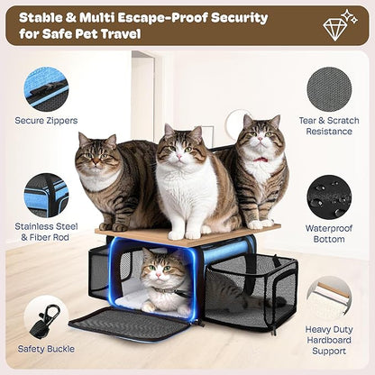Top and 2 Sides Expandable Cat Carrier 18x13.5x9.5, TSA Airline Approved Dog Carriers for Small Dogs, Soft-Sided Pet Carrier with Self-Locking Zippers for Kitten,Rabbit, Puppy, Guinea Pig Blue