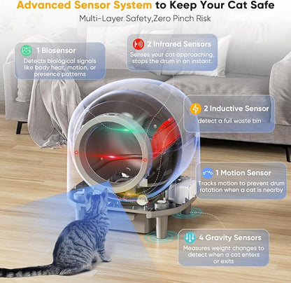 Automatic Self Cleaning Litter Box for Multiple Cats 90L Large Capacity, Smart Automatic Cat Litter Box with App Control, Health Monitoring, Integrated Safety Sensors, Odor Removal, Mat (White)