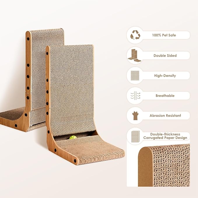 EHEYCIGA Cardboard Cat Scratcher for Indoor Cats, 26.8 Inch L Shaped Vertical Cat Scratching Board with Ball Cat Toy, Large Cat Scratcher Pad, Brown (Pack of 2)
