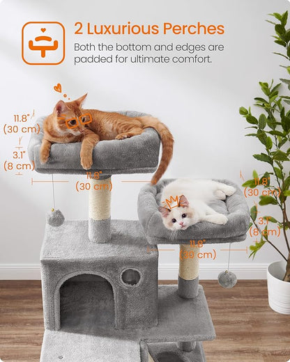 Feandrea Cat Tree, 66.1-Inch Large Cat Tower, Multi-Level Plush Condo with 13 Scratching Posts, 2 Perches, 2 Caves, Basket, Hammock, Pompoms, Light Gray UPCT165W01
