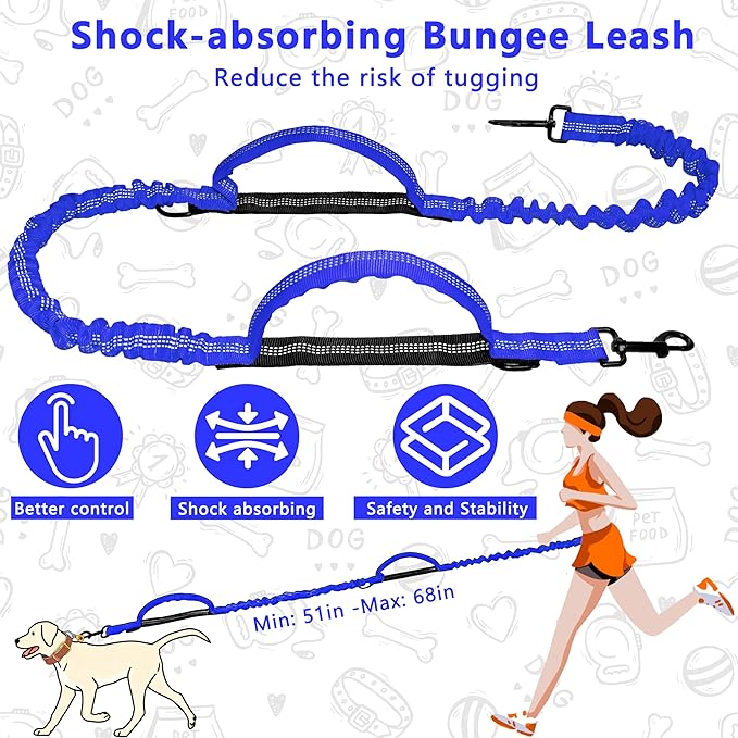 Hands Free Dog Leash with Zipper Pouch, Running Waist Leash for Dog Walking, Adjustable Waist Belt for Large Dogs, Reflective Bungee Design with Two Handle for Hiking, Training, Royal Blue