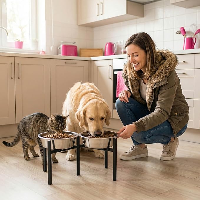 Adjustable Elevated Dog Bowl Stand, Metal Feeder Riser for Large Medium Dogs, Portable Travel Design, Slow Feeder Compatible (Without Bowls)