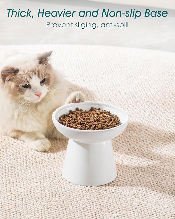 vancasso Elevated Cat Bowls 2-Pack, Ceramic Raised Cat Food and Water Dishes with 5.1" Height & 6.2" Wide Opening - Anti Vomit, Whisker Fatigue Relief for Senior Cats, and Small Dogs (White)
