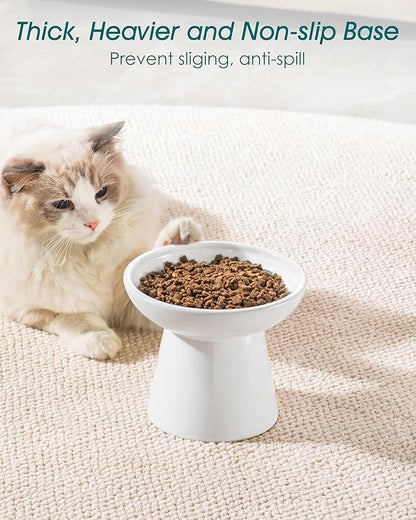 vancasso Elevated Cat Bowls 2-Pack, Ceramic Raised Cat Food and Water Dishes with 5.1" Height & 6.2" Wide Opening - Anti Vomit, Whisker Fatigue Relief for Senior Cats, and Small Dogs (White)