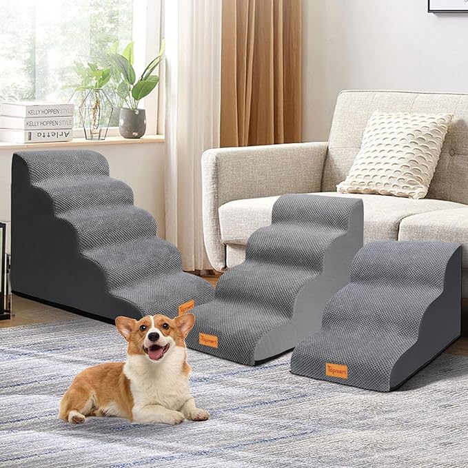 Topmart Dog Stairs for Small Dogs, 5-Step,22.5”H, Pet Steps for High Beds Couches with All-Round Waterproof Cover,Non-Slip Sturdy Dog Ramp for Old Cats,Injured Pet