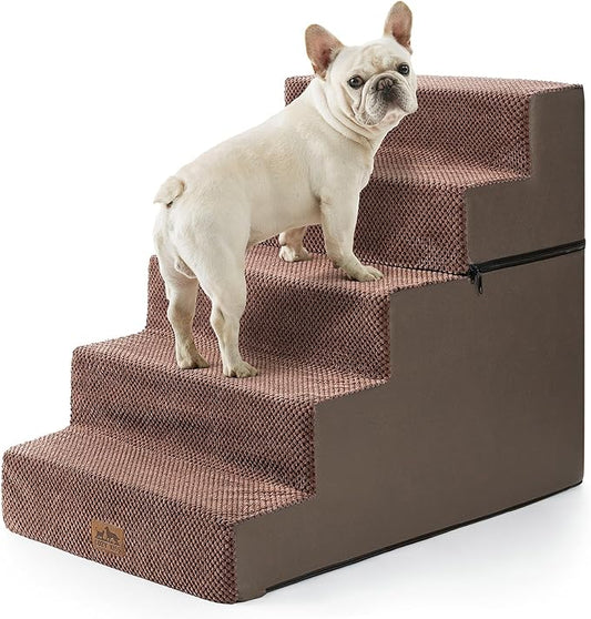 Dog Stairs with Detachable Zipper, 19.7" Extra Wide Right-Angle Pet Stairs for Bed, Anti-Slip Dog Steps for Lowrider and Puppy, Elderly Cats with Support Board, 19.7x29.5x23.6 inch, Brown