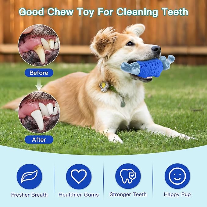 Dog Chew Toys for Aggressive Chewers, Tough Squeaky Dog Toy for Large Medium Dogs, Bacon Flavor Nylon & Natural Rubber, Dental Care Interactive Dog Toys to Reduce Boredom, Royal Blue