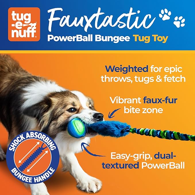 Tug-E-Nuff Fauxtastic PowerBall Bungee, Durable, Faux-Fur Fetch & Tug of War Dog Toy with Rubber Ball, Interactive Dog Tug Toys for Training Small, Medium, Large Dogs, 25 in, Orange Pattern