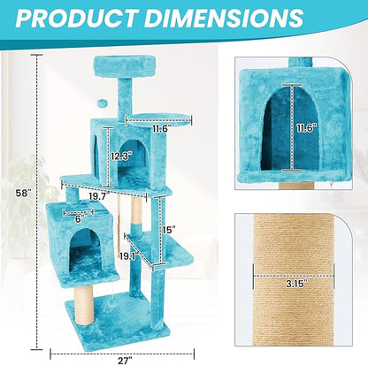 58in Large Cat Tree Tower for Indoor Cats with Soft Plush Hang Ball, Two Condos, Sisal Scratch Posts & Rope Play for Kittens/Adult Cats, Blue