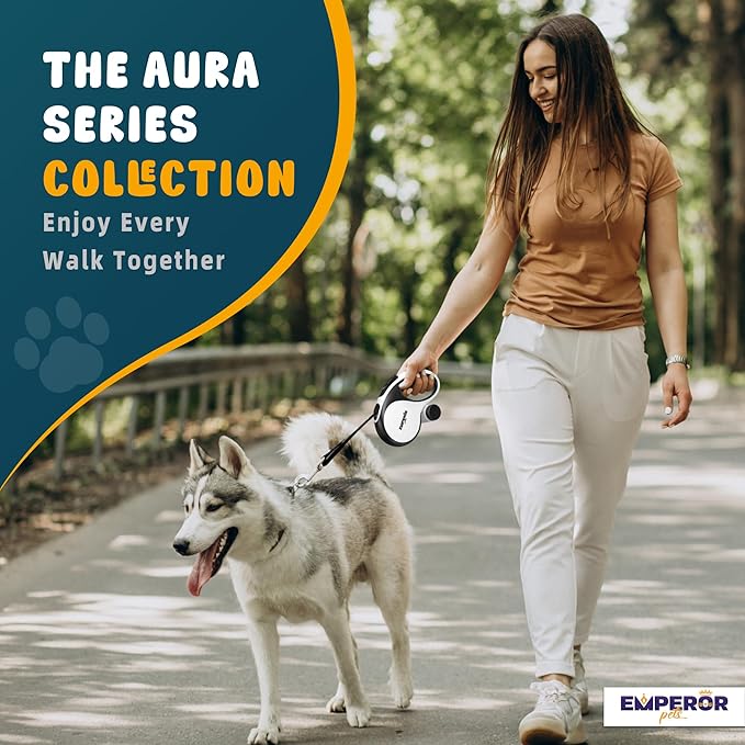 Emperor Pets 16 ft Retractable Dog Leash White - Heavy Duty Retractable Pet Leash with Anti-Slip Grip for Medium to Large Dogs up to 110 lbs -Aura BW16