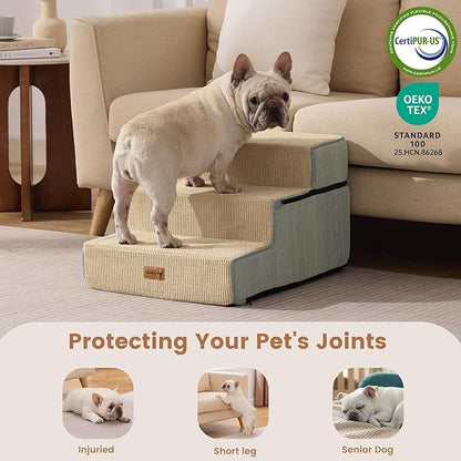 Gardner Pet Dog Stairs for Small Dogs 14" H, 3-Step Extra Wide Dog Steps for Bed, Pet Stairs for Bed and Couch with Durable Non-Slip Waterproof Fabric Cover and Soft Foam, Beige