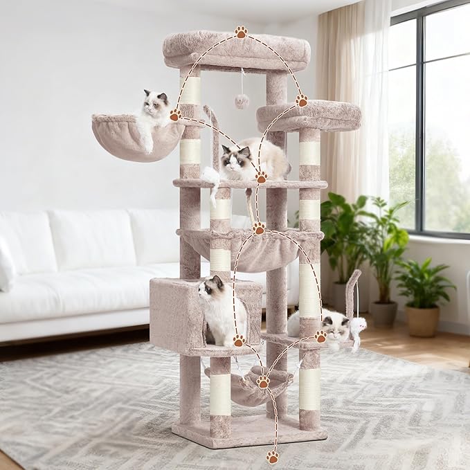 Cat Tree, Cat Tower for Large Cats with 2 Big Platforms, 2 Baskets, condo and Toys, 63" Cat Scratching Posts for Indoor Cats, Muchroom GCT020MU