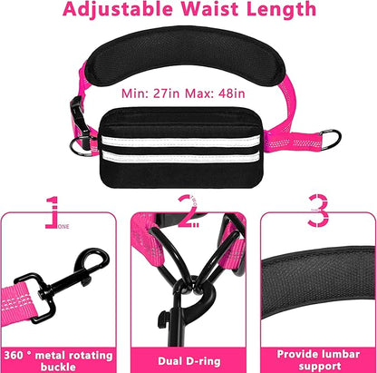 Hands Free Dog Leash with Zipper Pouch, Running Waist Leash for Dog Walking, Adjustable Waist Belt for Large Dogs, Reflective Bungee Design with Two Handle for Hiking, Training, Hot Pink