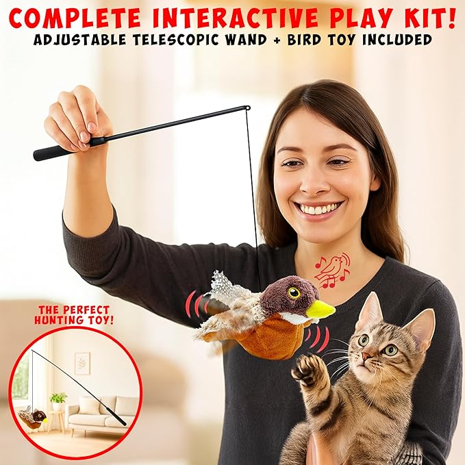 Cat Toys Flapping Bird (No Flying), Life-Like Bird Chirp Tweet, Rechargeable Touch Activated Kitten Toy Interactive Cat Exercise Toys for All Breeds