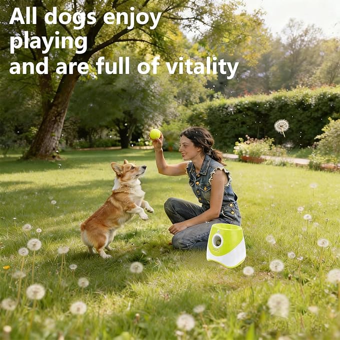 Automatic Dog Ball Launcher for Small to Medium Dogs - Hands-Free Interactive Fetch Toy, 3 Adjustable 10-30Ft Distance, 9 Pcs 2 Inch Eco-Friendly Dog-Safe Mini Tennis Balls. (Green)
