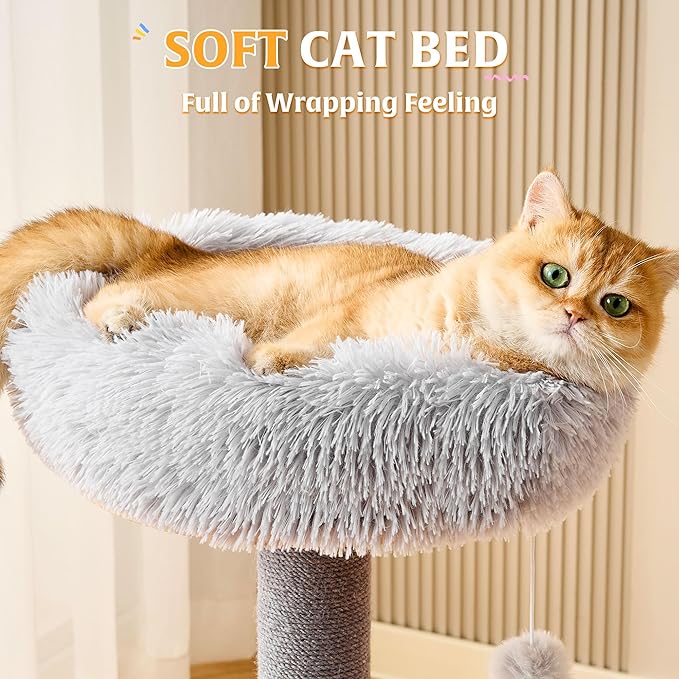 HITTITE Solid Wood Cat Tree Tower with Scratching Post, 37.8 Inches Tall Cat Towers with Scratching Board and Scratcher Ball, Modern Cat Tower With Space Capsule and Removable Top Bed for Indoor Cats.
