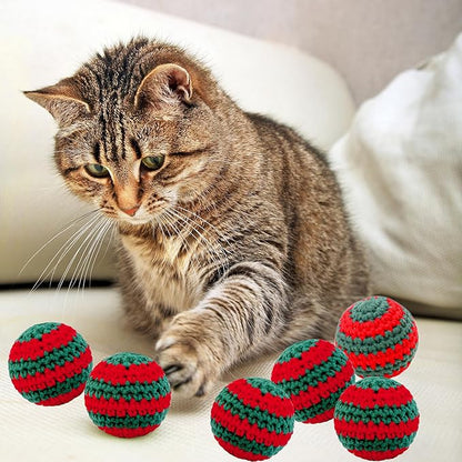 Christmas Cats Ball Toy with Bell Inside, 6Pcs Hand-Knitted Indoor Woolen Yarn Cat Toys Jingle Bell Balls, Kitten Interactive Toys for Hunting/Kicking/Chasing